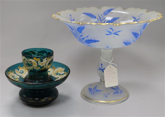 A 19th century Continental frosted and overlaid glass centrepiece and an enamelled green glass centrepiece H.21 & 13cm.